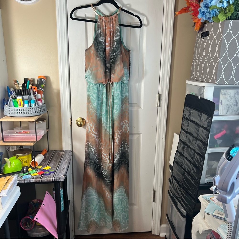 Vince Camuto Teal and Gold Chain Detail Dress